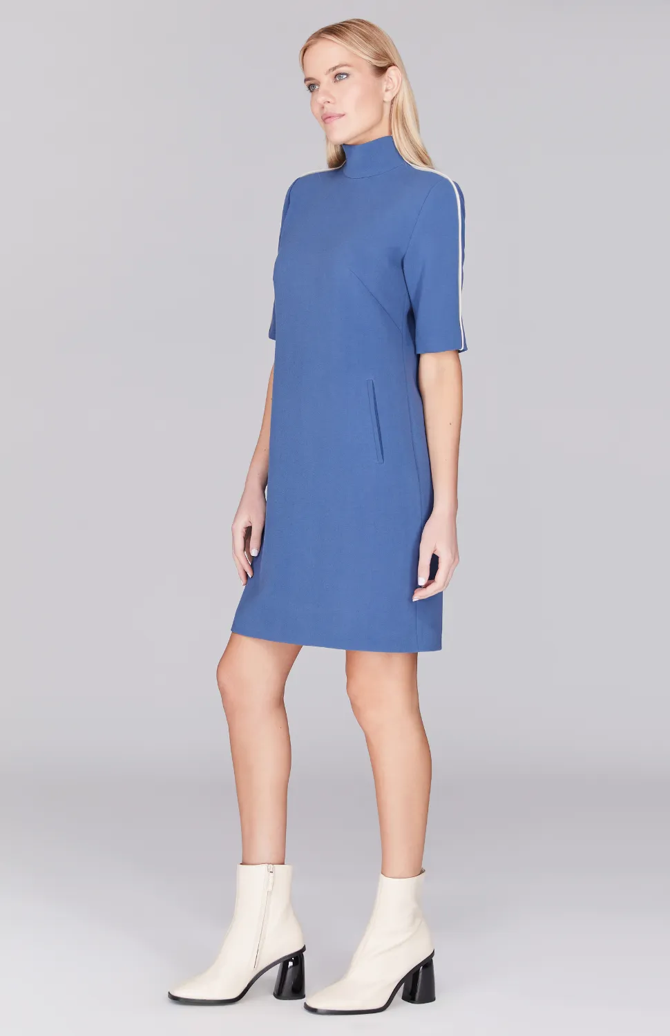 Double Face Turtleneck Shift Dress w/Contrast Bias