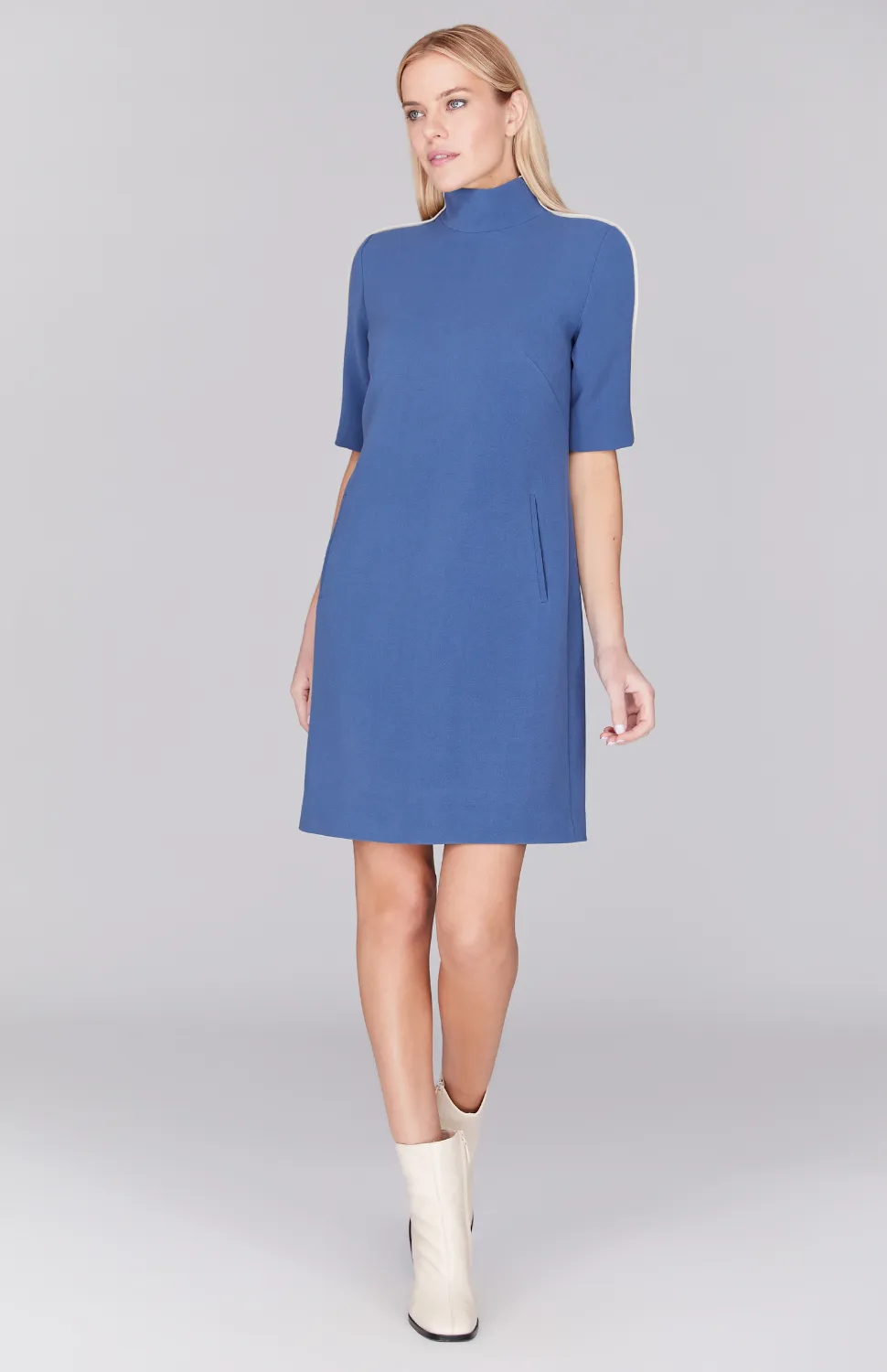 Double Face Turtleneck Shift Dress w/Contrast Bias