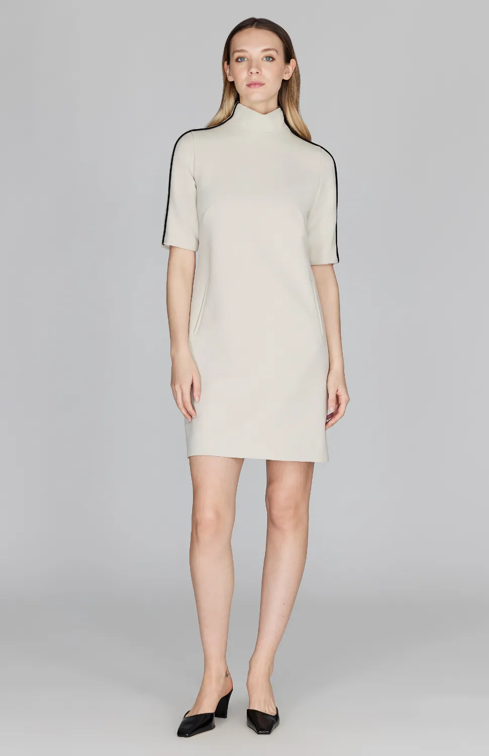 Double Face Turtleneck Shift Dress w/Contrast Bias