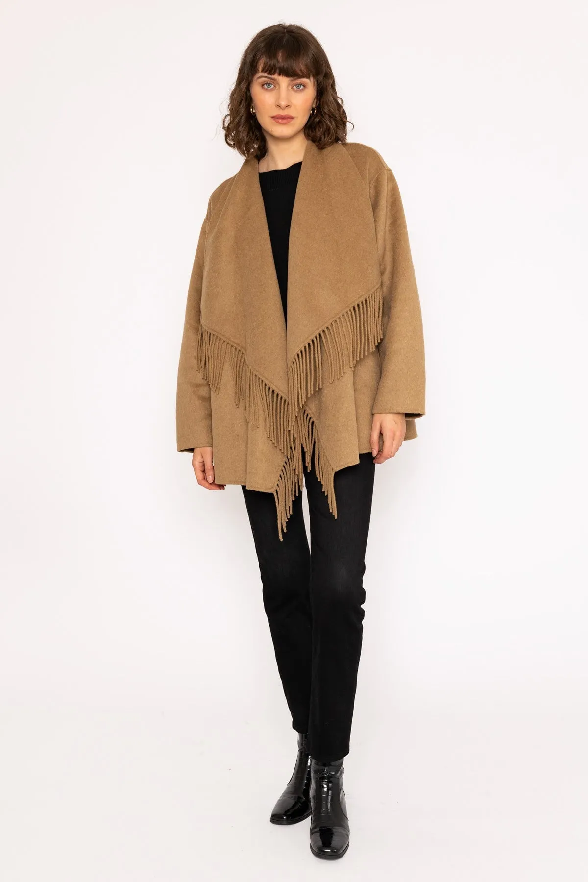 Double Faced Fringe Coat in Camel