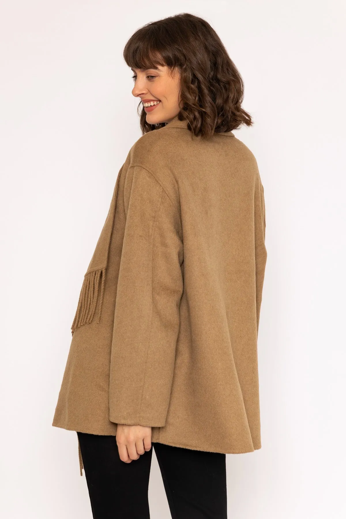 Double Faced Fringe Coat in Camel