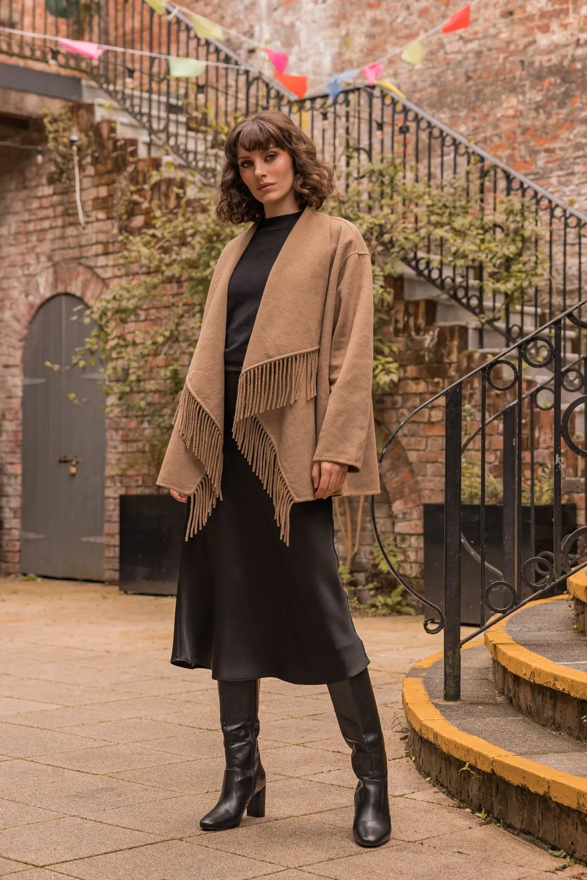 Double Faced Fringe Coat in Camel