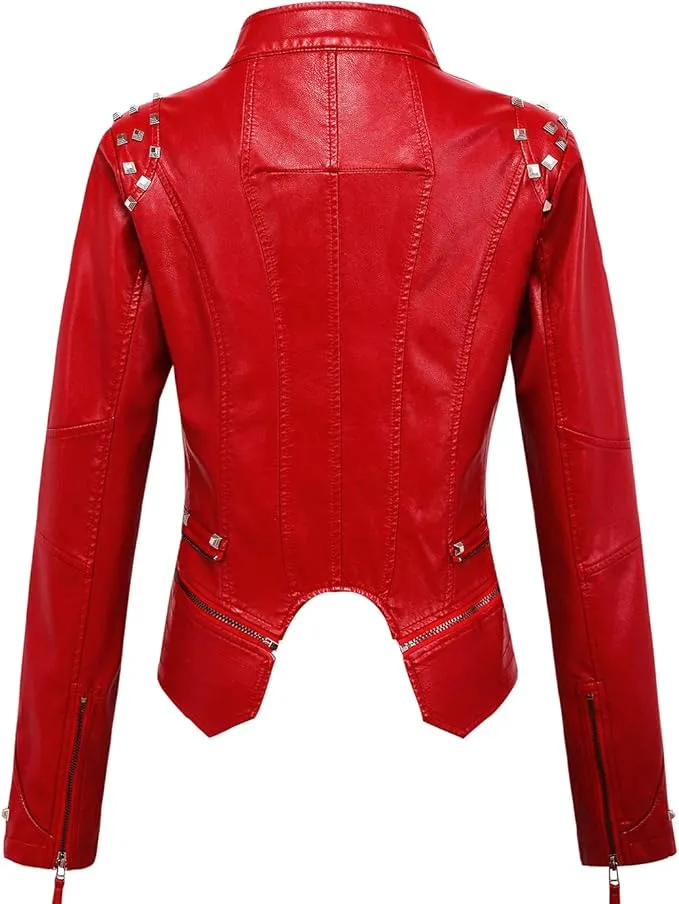 Edgy Red Studded Rocker Biker Jacket