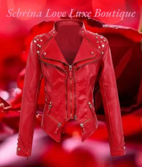 Edgy Red Studded Rocker Biker Jacket