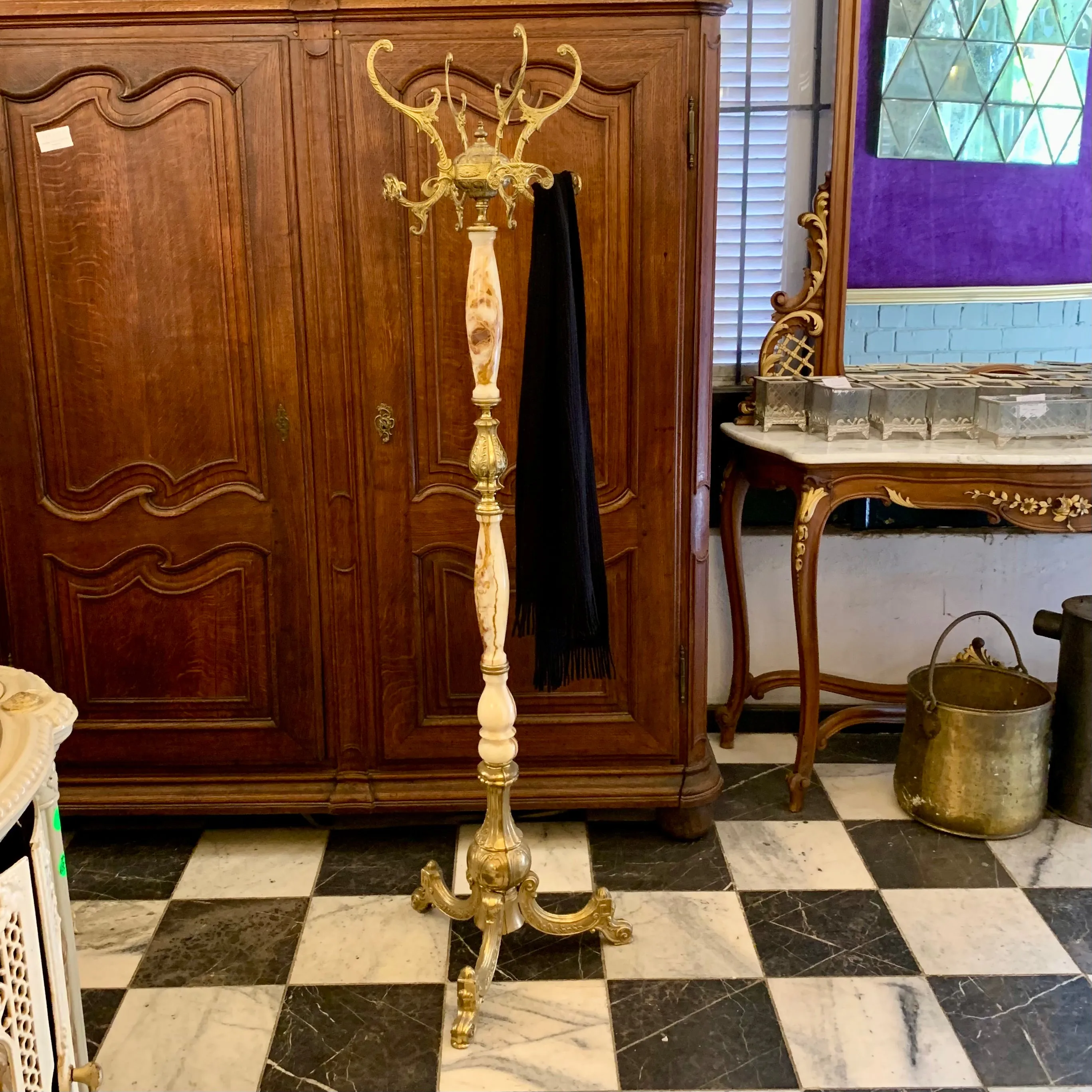 Elegant Antique Brass and Onyx Coat Rack