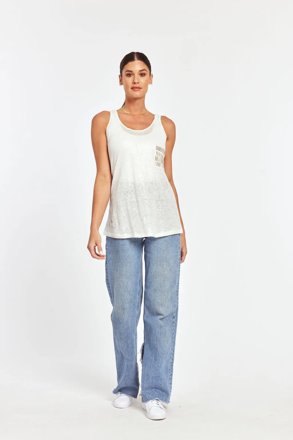 Embellished Pocket Linen Tank