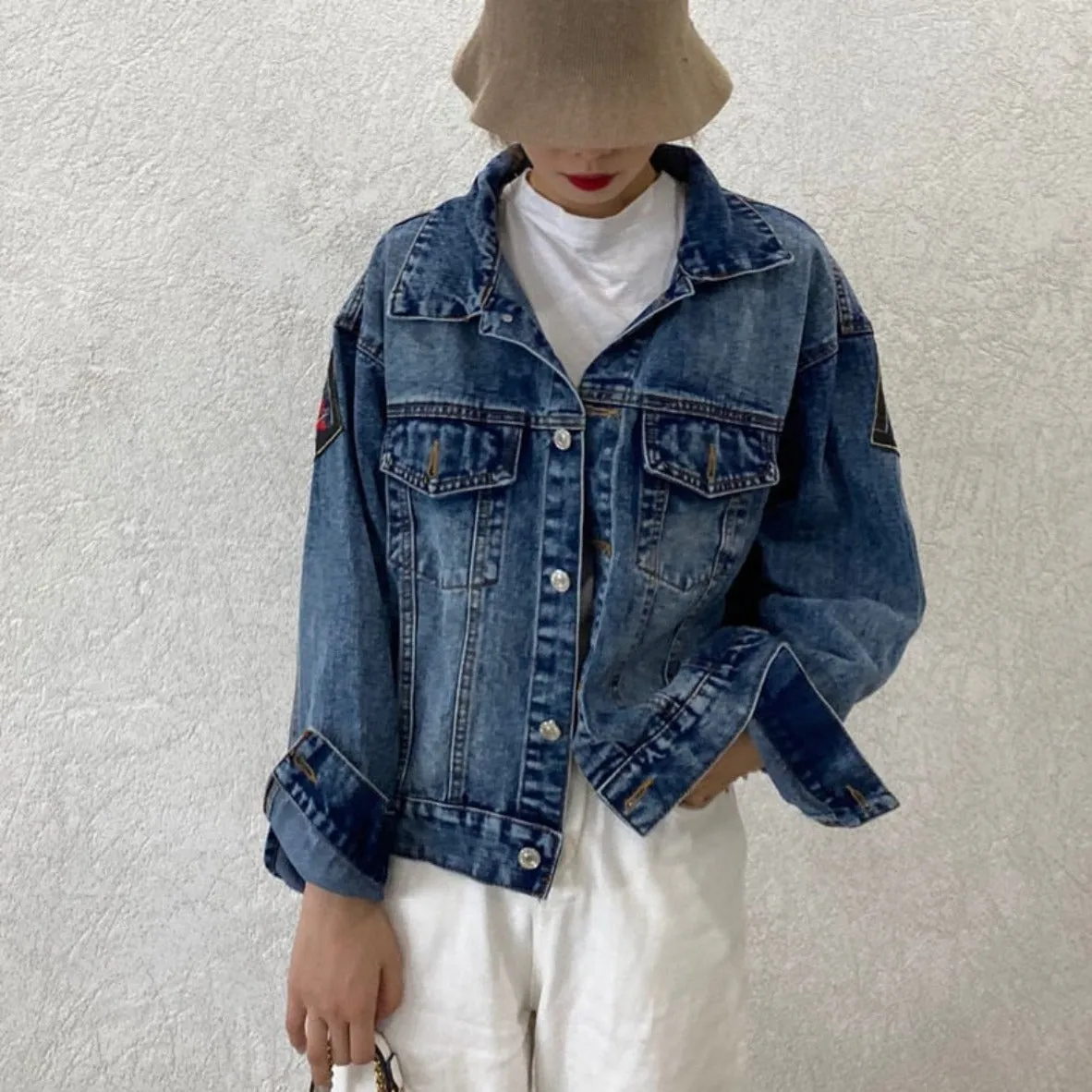 Embroidered Oversized Light Blue Denim Jacket