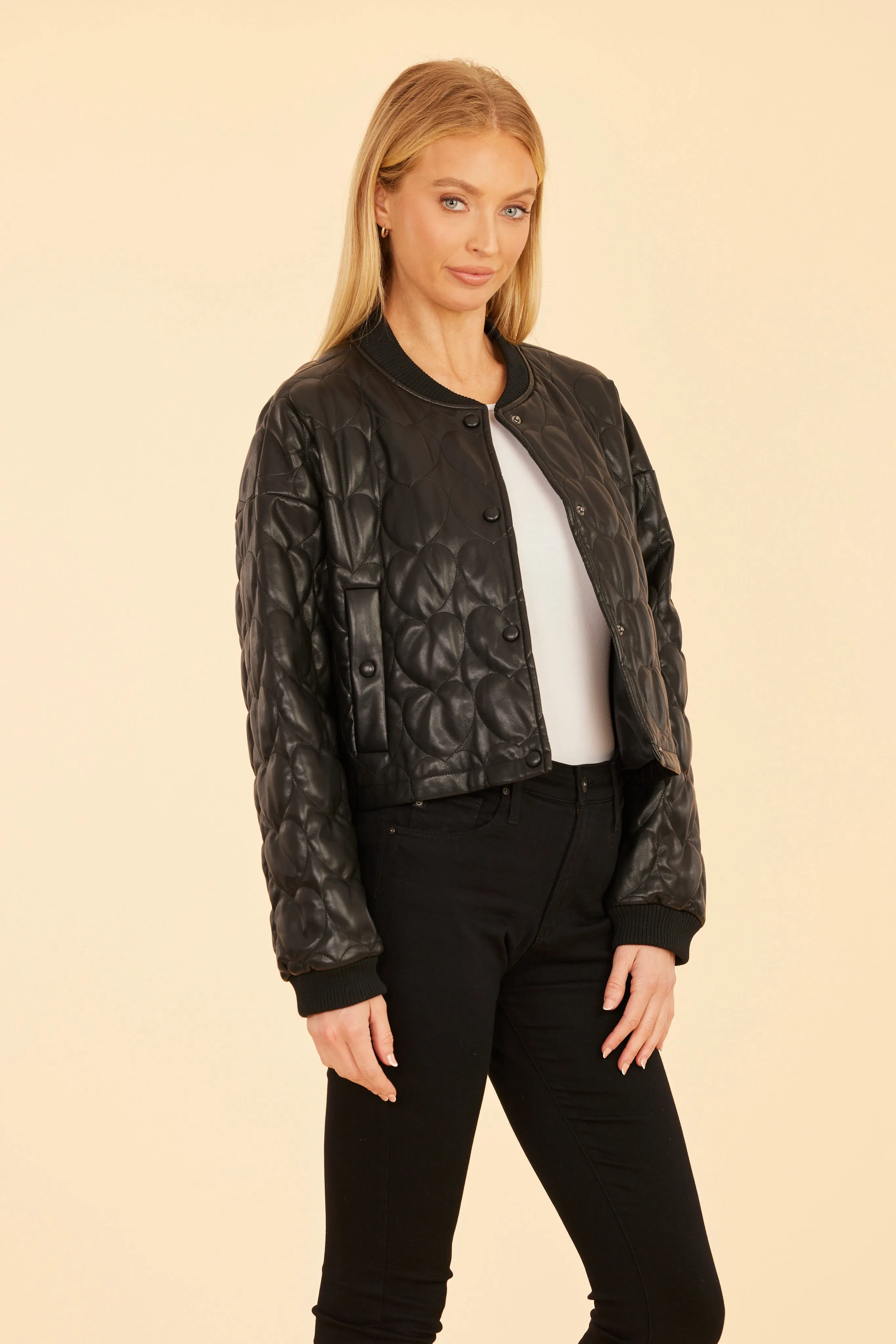 Faux Leather Heart Quilted Jacket