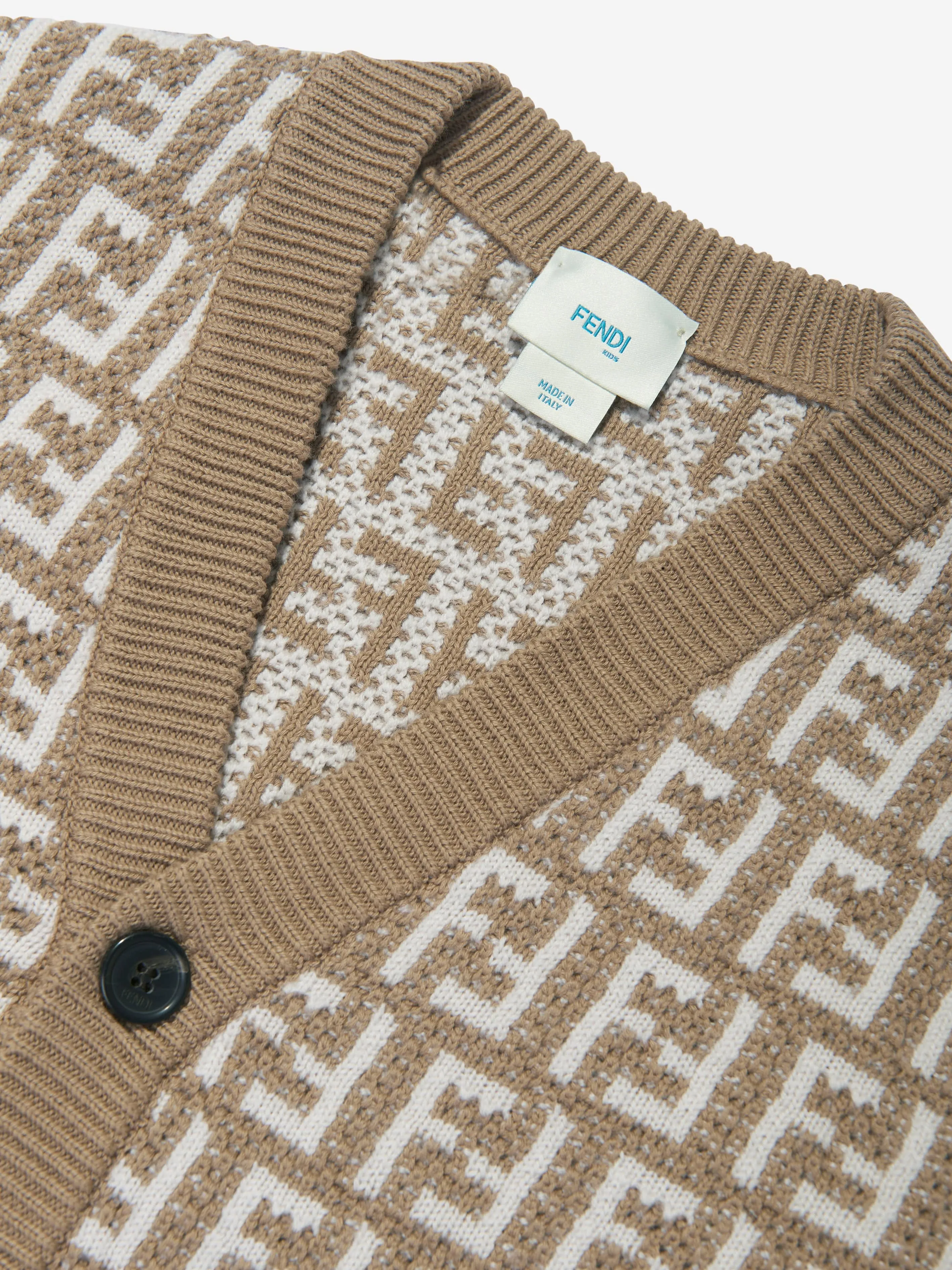 Fendi Kids Knitted FF Logo Cardigan in Beige