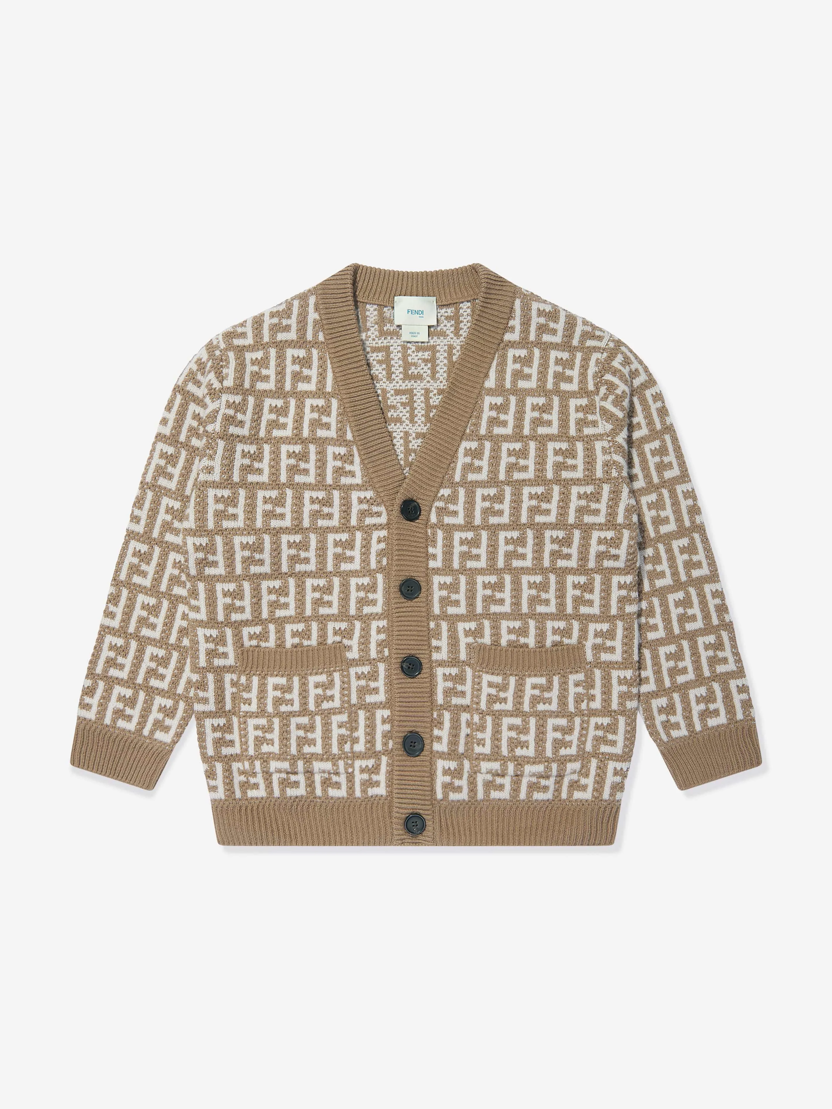 Fendi Kids Knitted FF Logo Cardigan in Beige