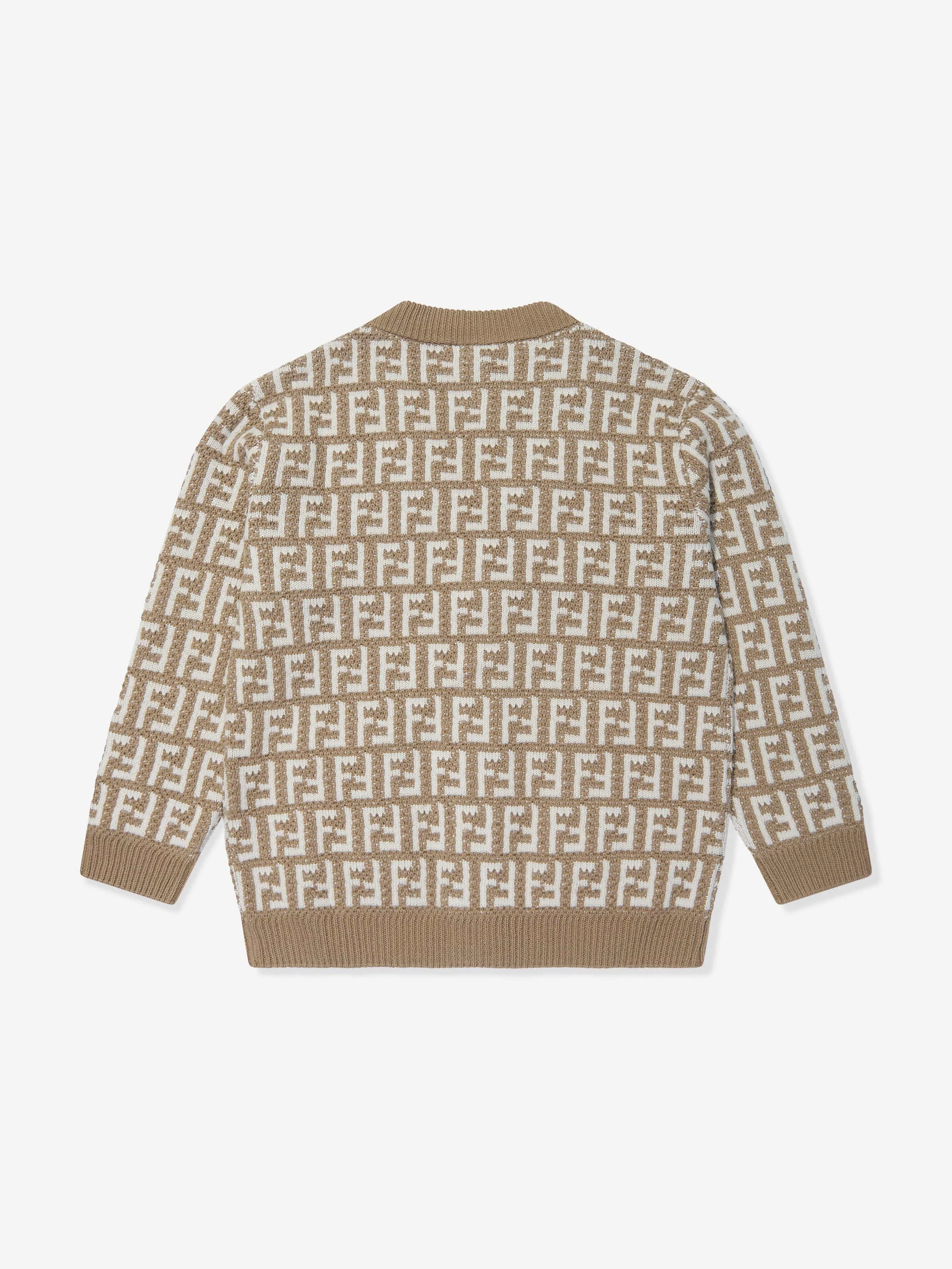 Fendi Kids Knitted FF Logo Cardigan in Beige