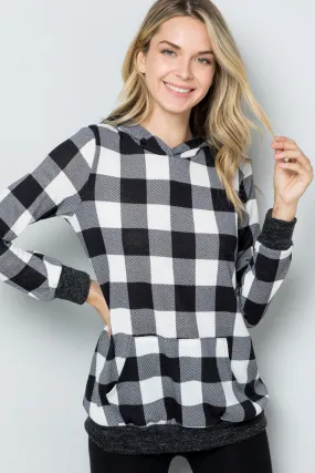 Full Size Contrast Plaid Long Sleeve Hoodie