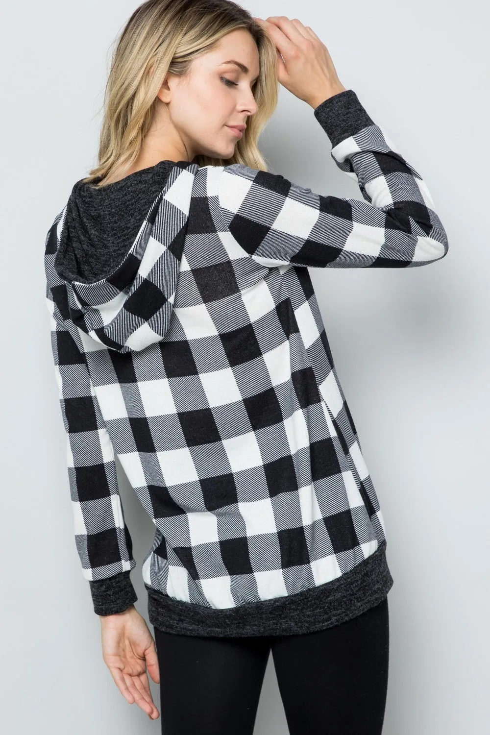 Full Size Contrast Plaid Long Sleeve Hoodie