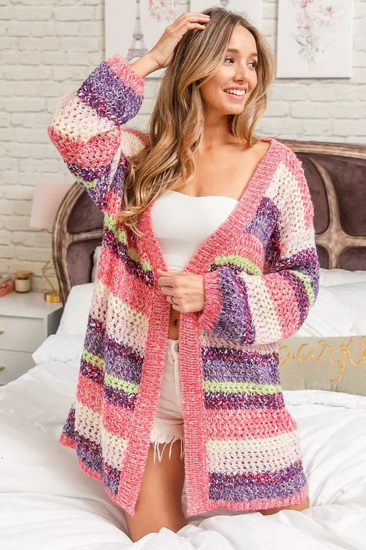 Fuschia Multi Color Stripe Long Sweater Cardigan