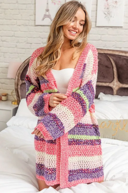 Fuschia Multi Color Stripe Long Sweater Cardigan