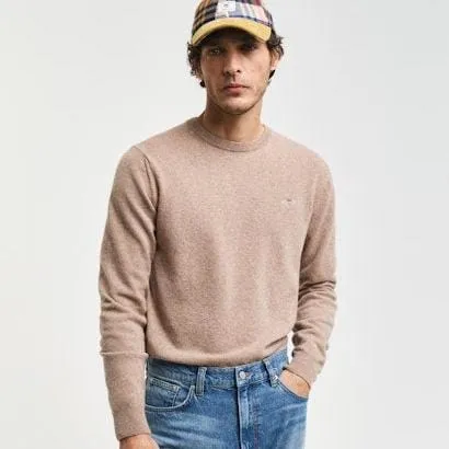 GANT Superfine Lambswool Half Zip Cardigan in Sand Melange