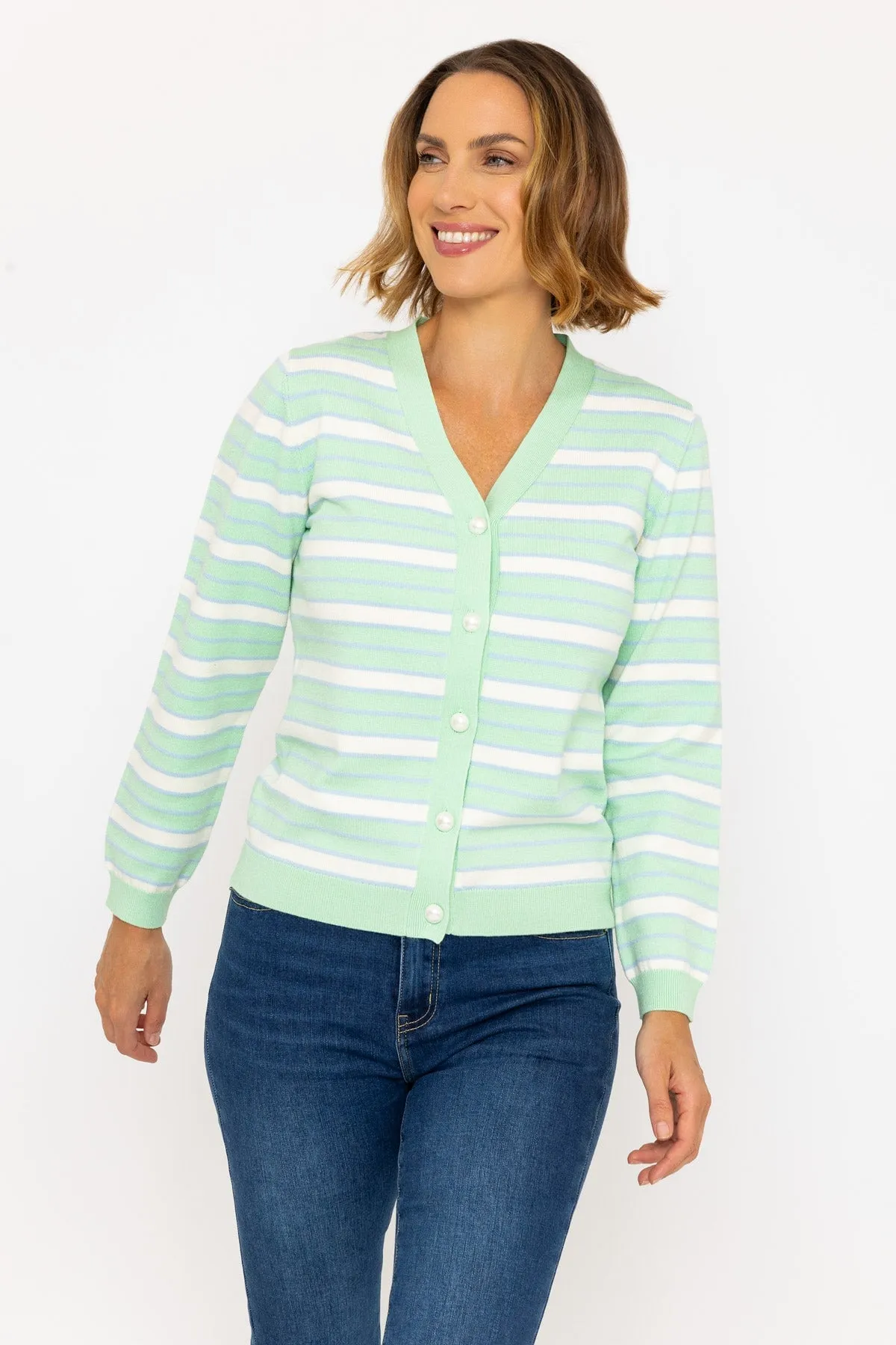 Green Stripe V-Neck Cardigan