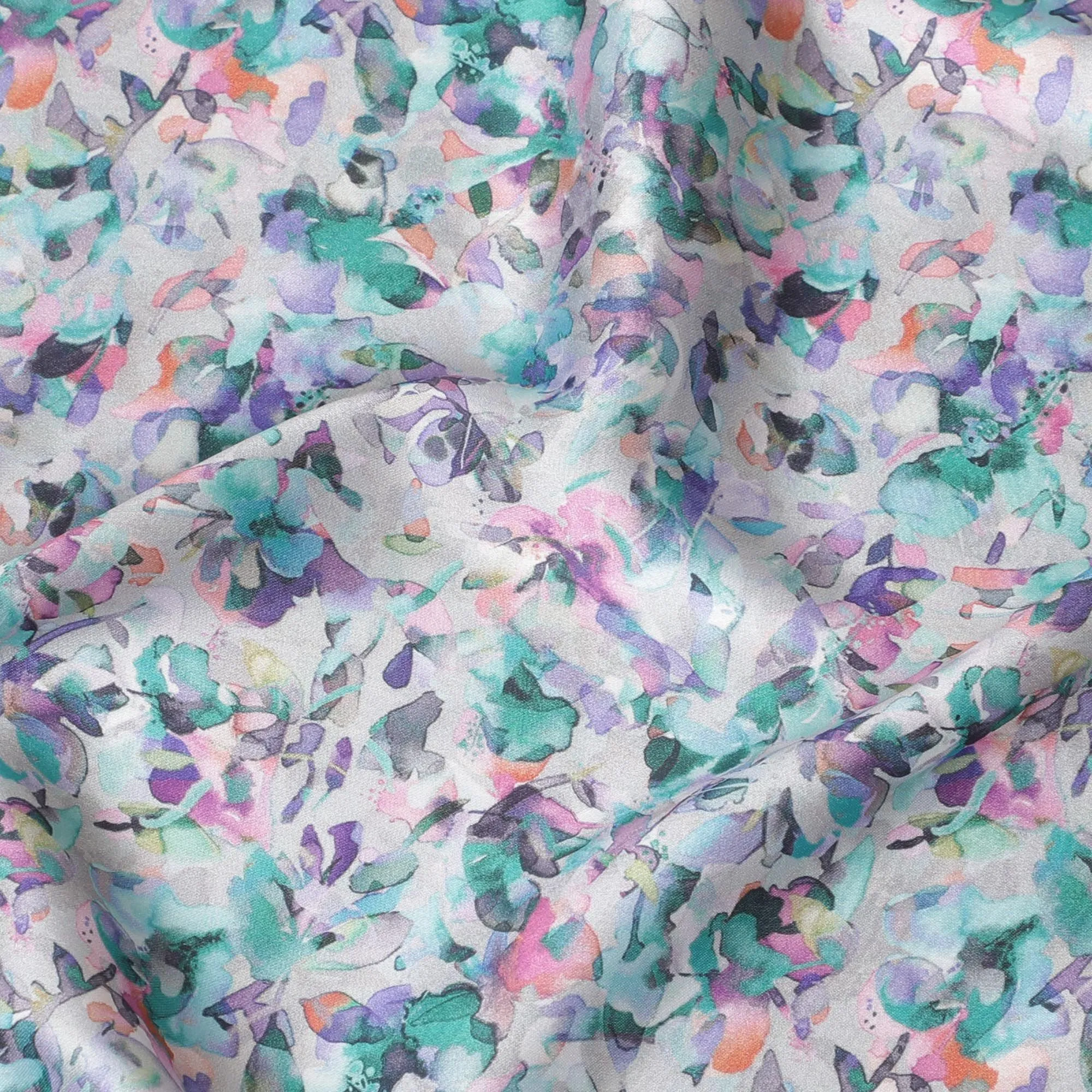 Grey synthetic satin fabric with multicolor print in floral design-D17049