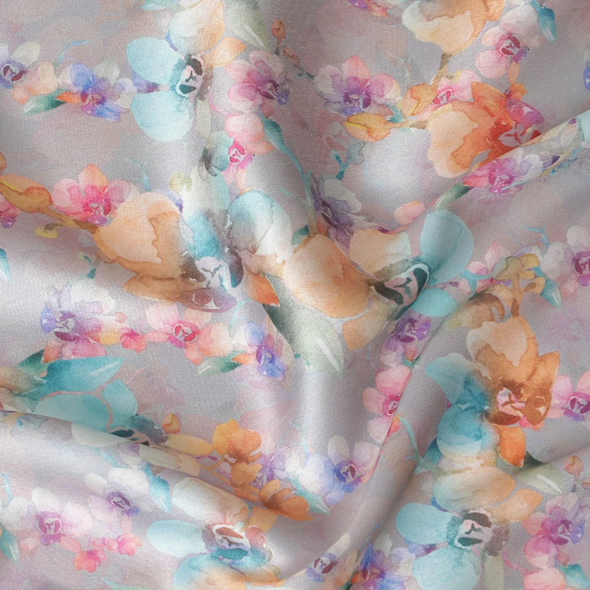 Grey synthetic satin fabric with multicolor print in floral design-D17052