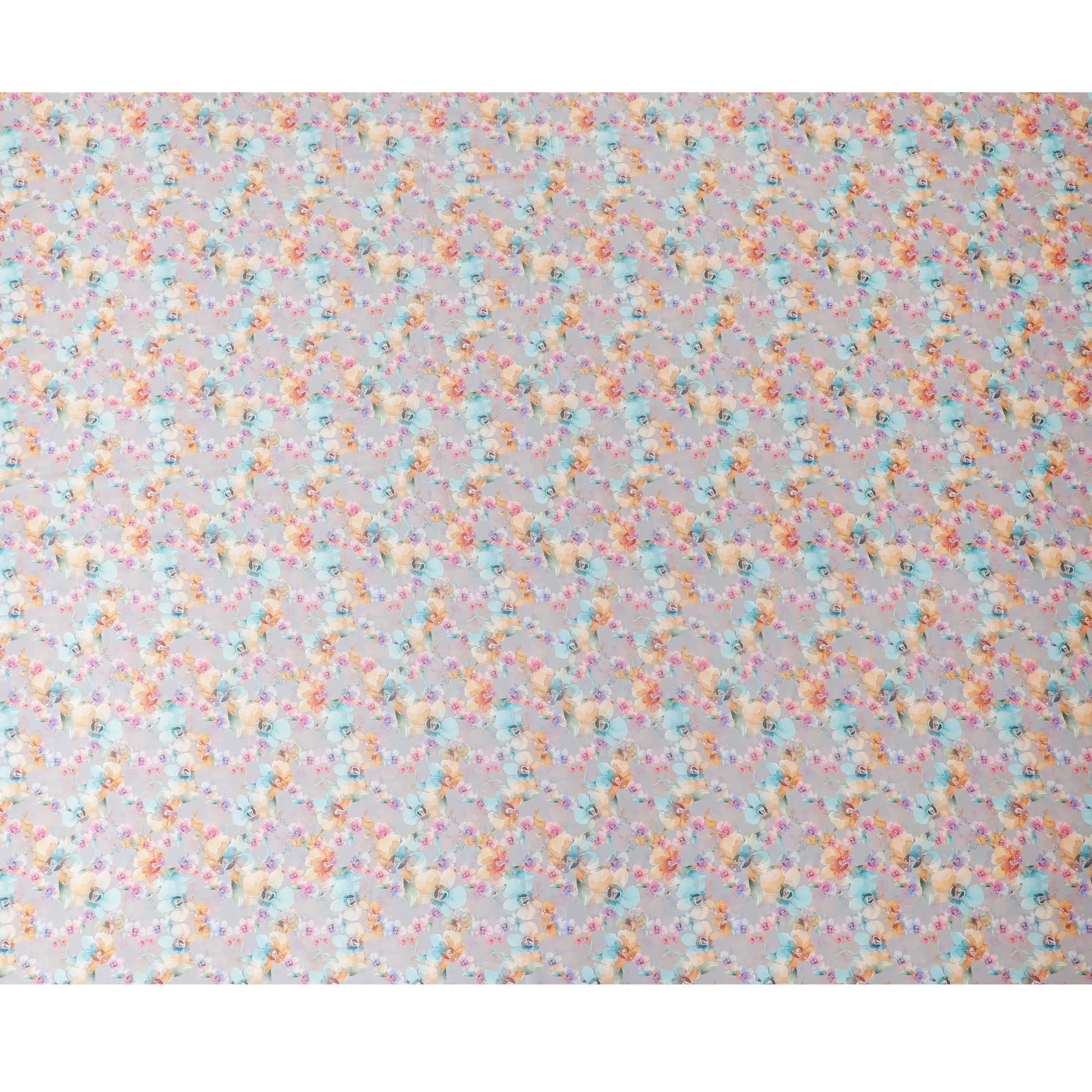 Grey synthetic satin fabric with multicolor print in floral design-D17052