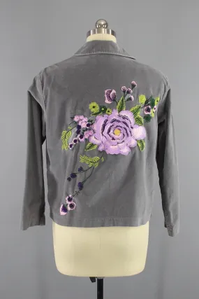 Grey Velvet Embroidered Jacket with Lavender Purple Floral Embroidery