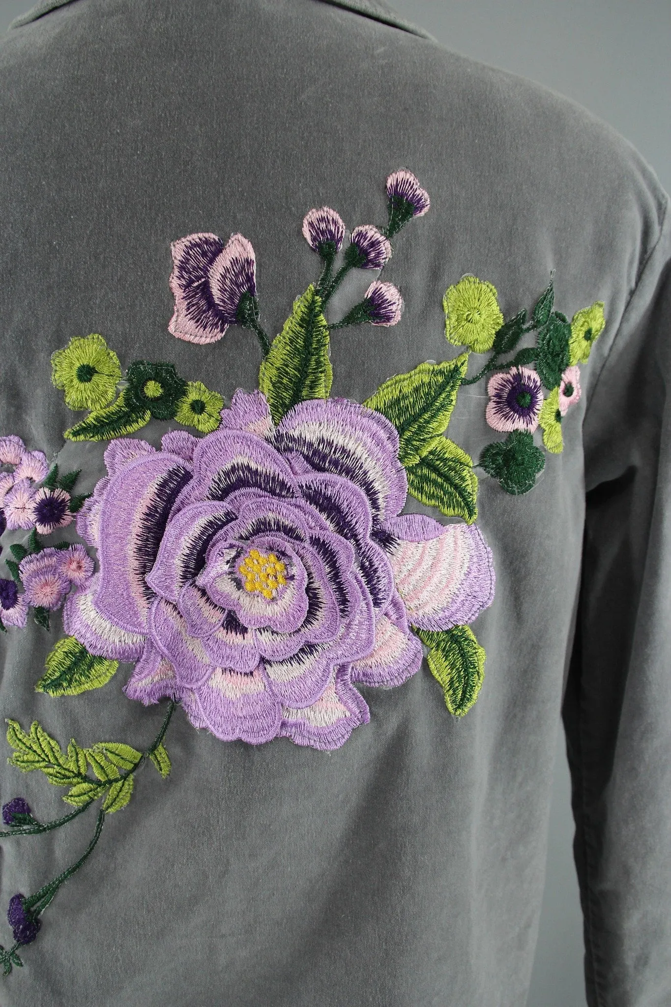 Grey Velvet Embroidered Jacket with Lavender Purple Floral Embroidery