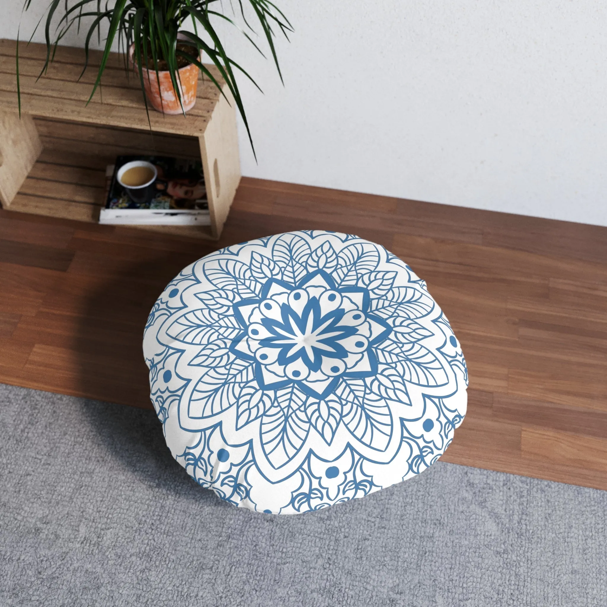 Handmade Mandala Art Floor Cushion - Steel Blue - Round