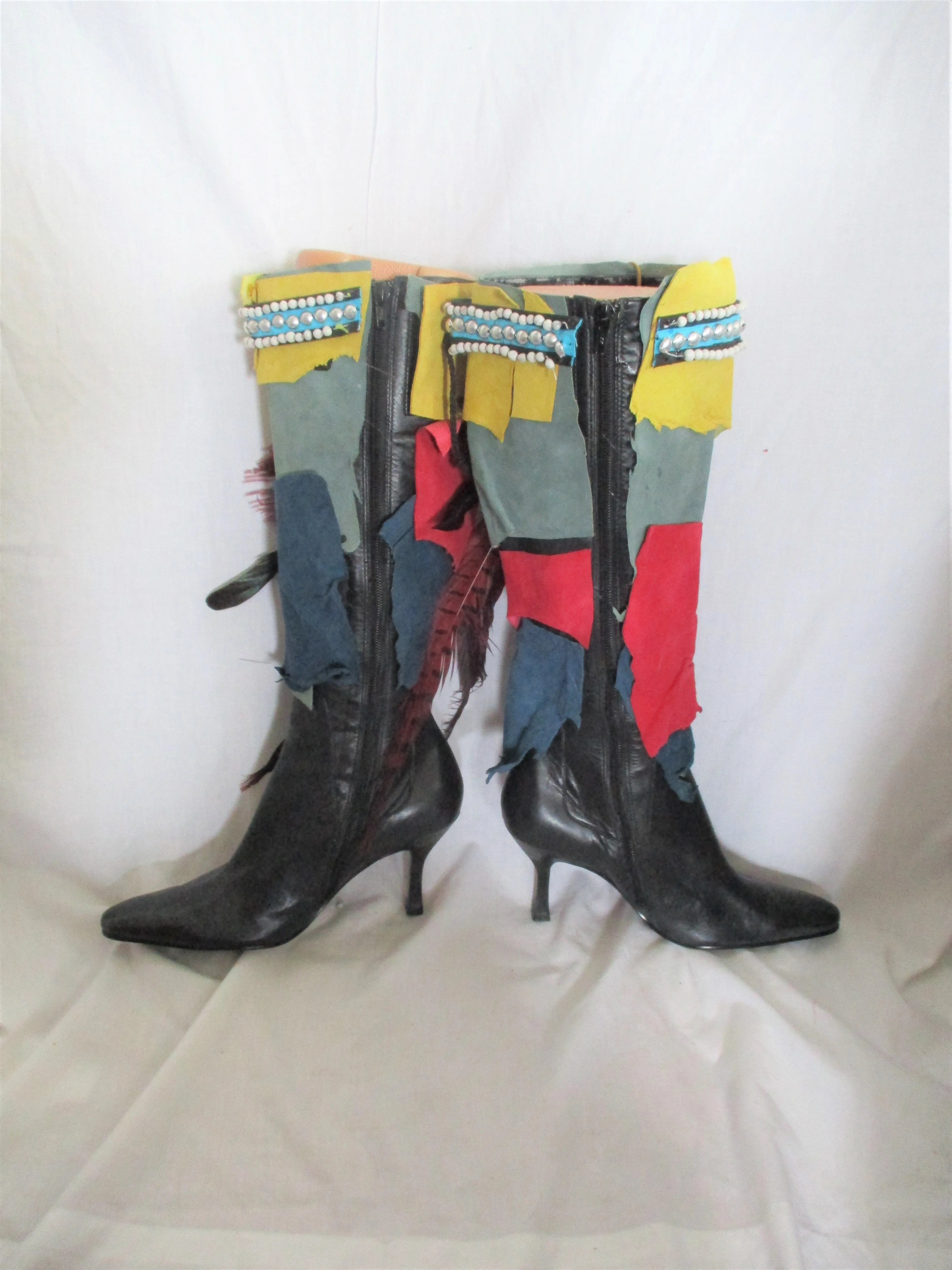 Handmade Upcycled ENZO ANGIOLINI Knee High Boot Feather Boho Hippie 7 Leather Patchwork