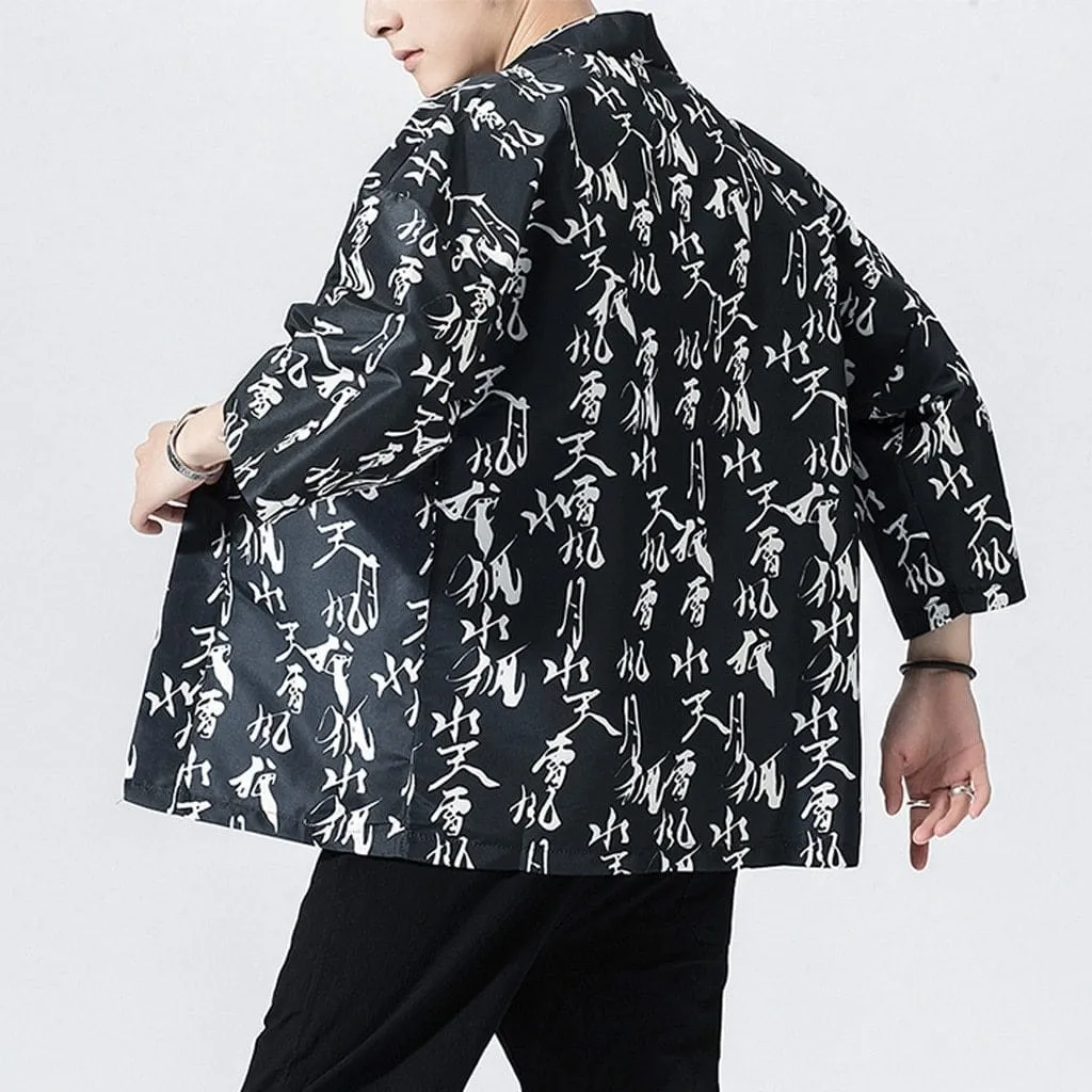 Hieroglyph Print Half-Sleeve Kimono