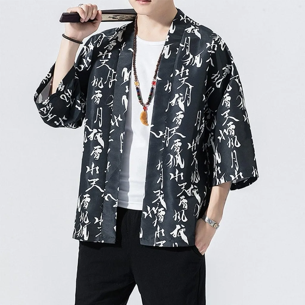 Hieroglyph Print Half-Sleeve Kimono