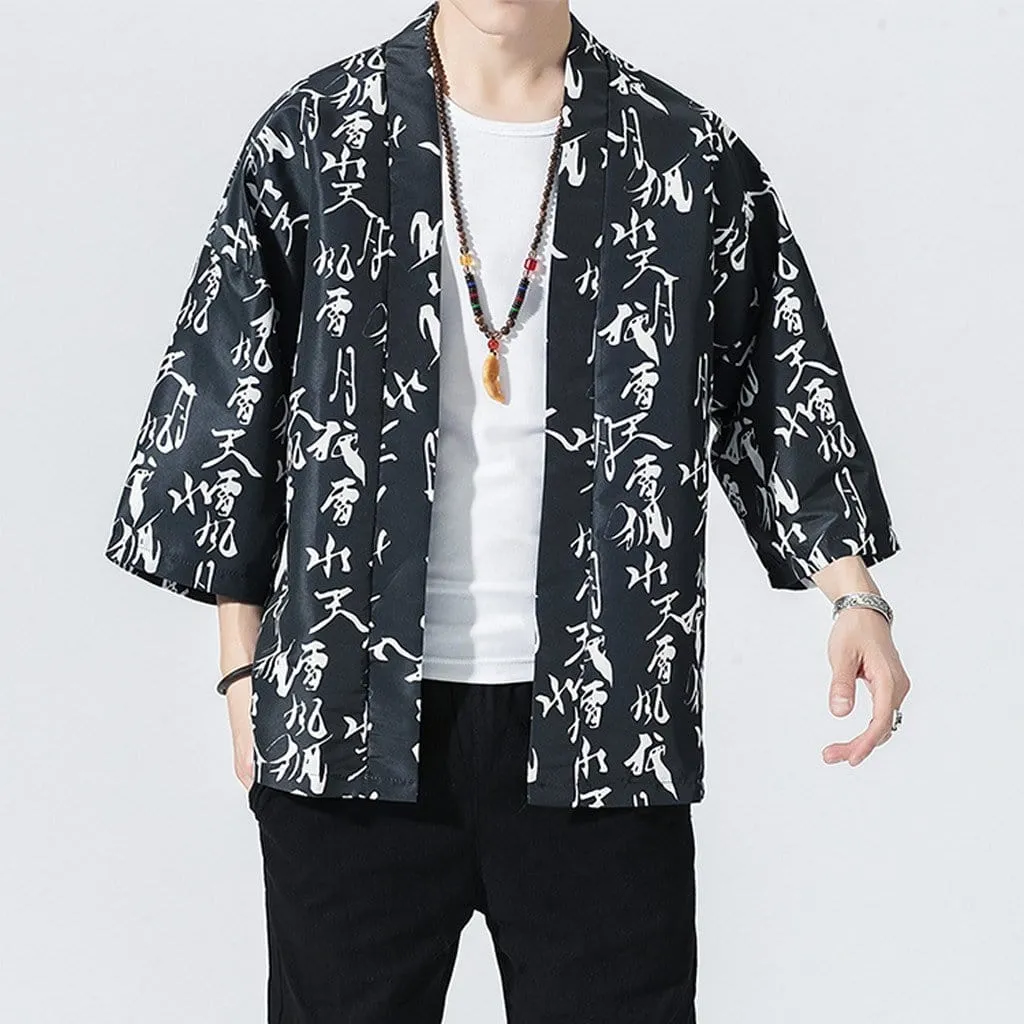 Hieroglyph Print Half-Sleeve Kimono