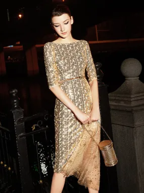 High end luxury Gold shimmery evening dinner dress - ipi