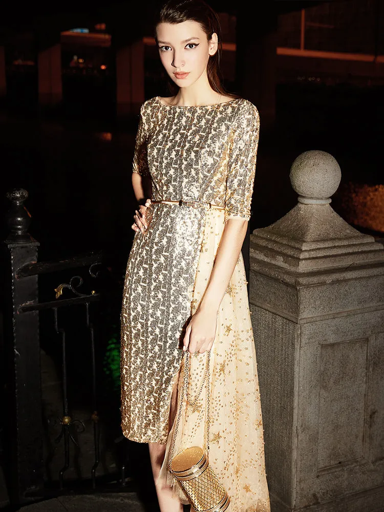 High end luxury Gold shimmery evening dinner dress - ipi