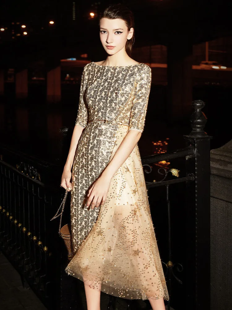 High end luxury Gold shimmery evening dinner dress - ipi