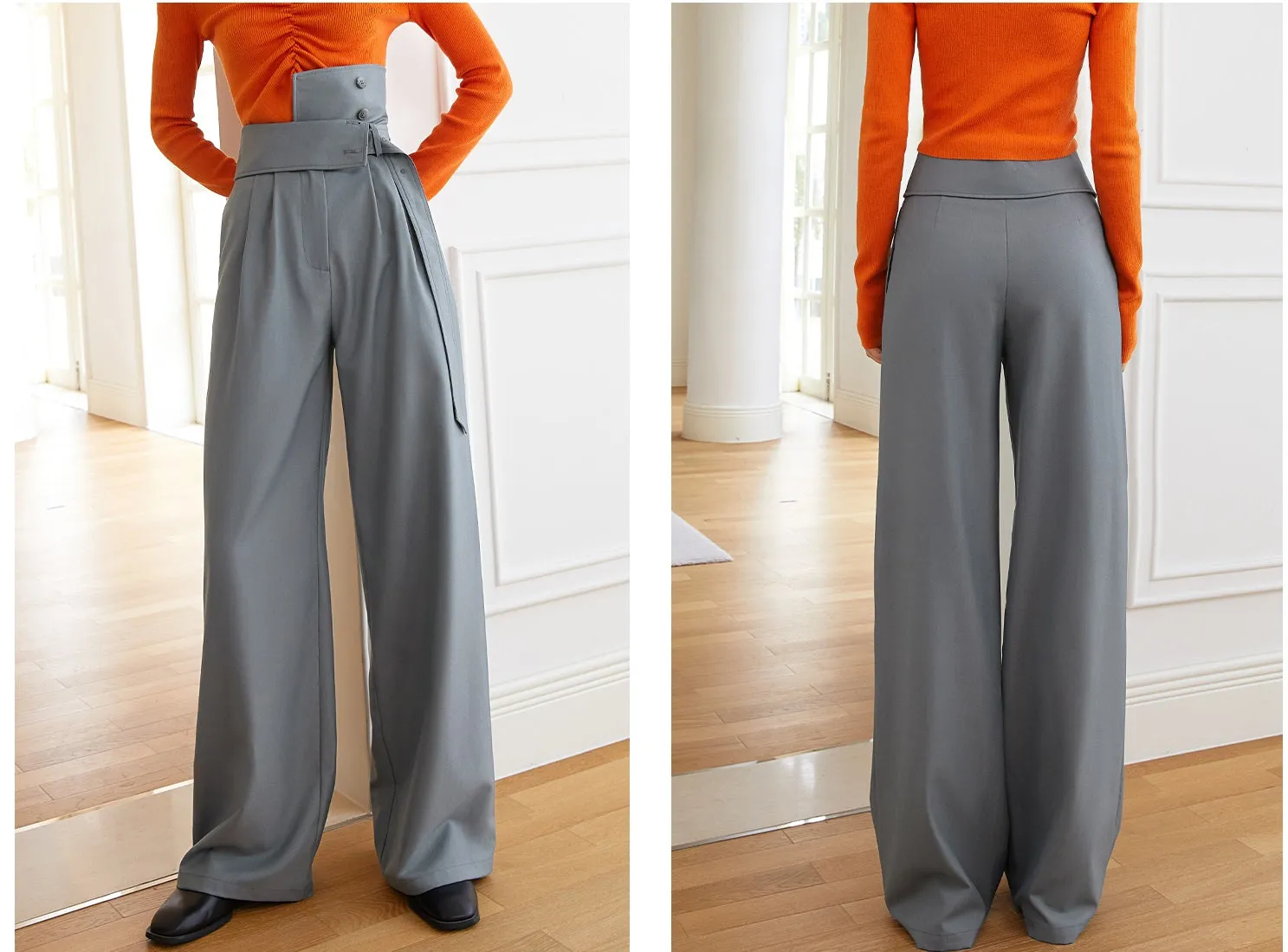 High waist wide leg pants made with smoke gray fabric asymmetrical pants- Mala