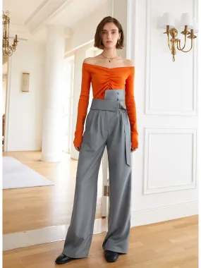 High waist wide leg pants made with smoke gray fabric asymmetrical pants- Mala