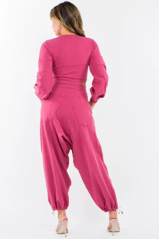 High Waisted Baggy French Terry Pants Magenta