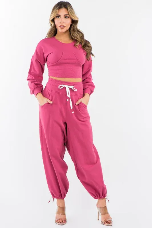 High Waisted Baggy French Terry Pants Magenta