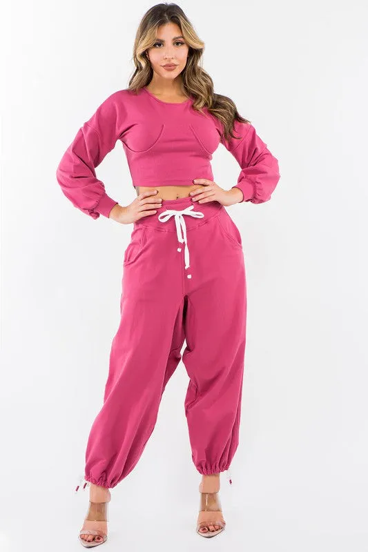 High Waisted Baggy French Terry Pants Magenta