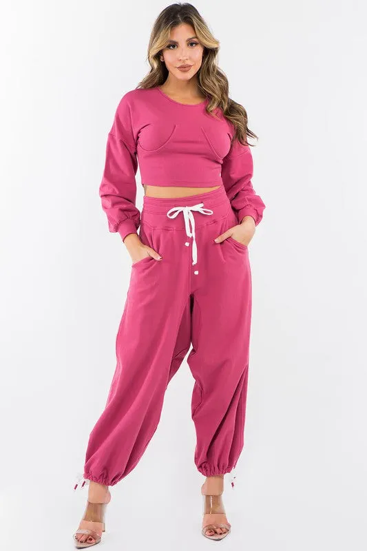 High Waisted Baggy French Terry Pants Magenta