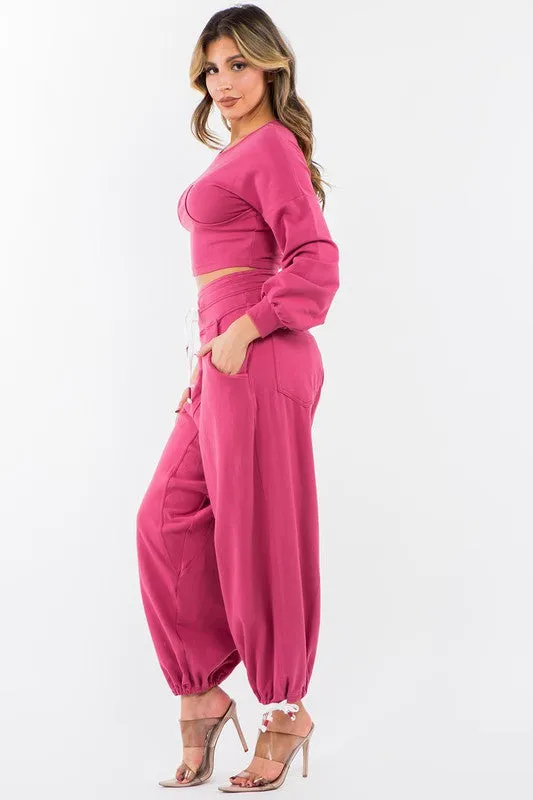 High Waisted Baggy French Terry Pants Magenta