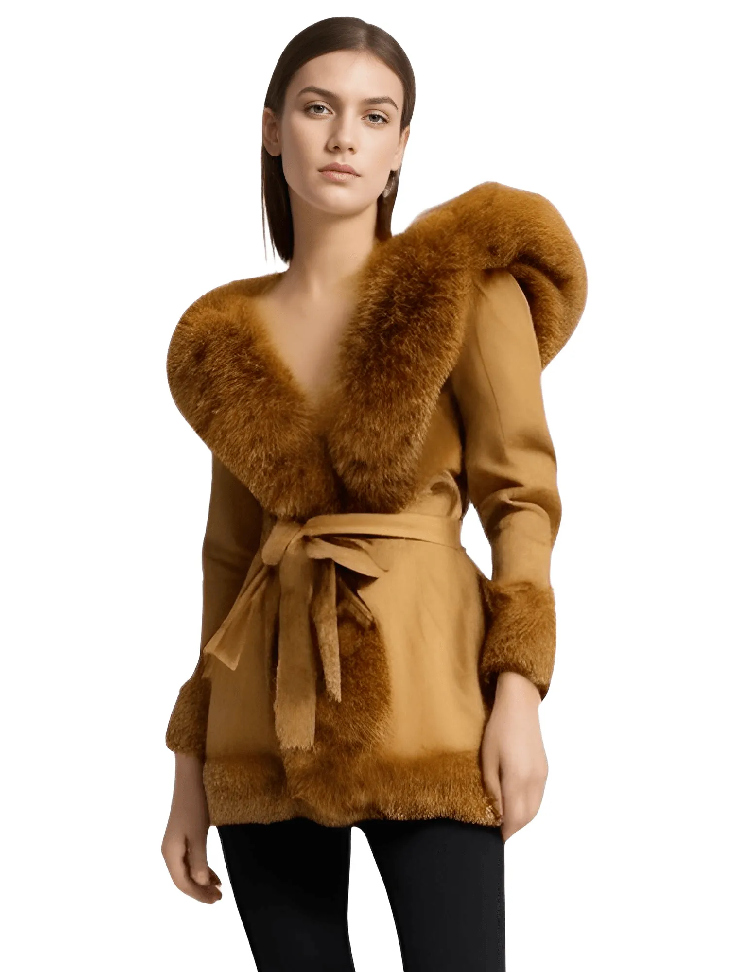 Hooded Fur Coats For Women With Belt and Fur Lining Inside