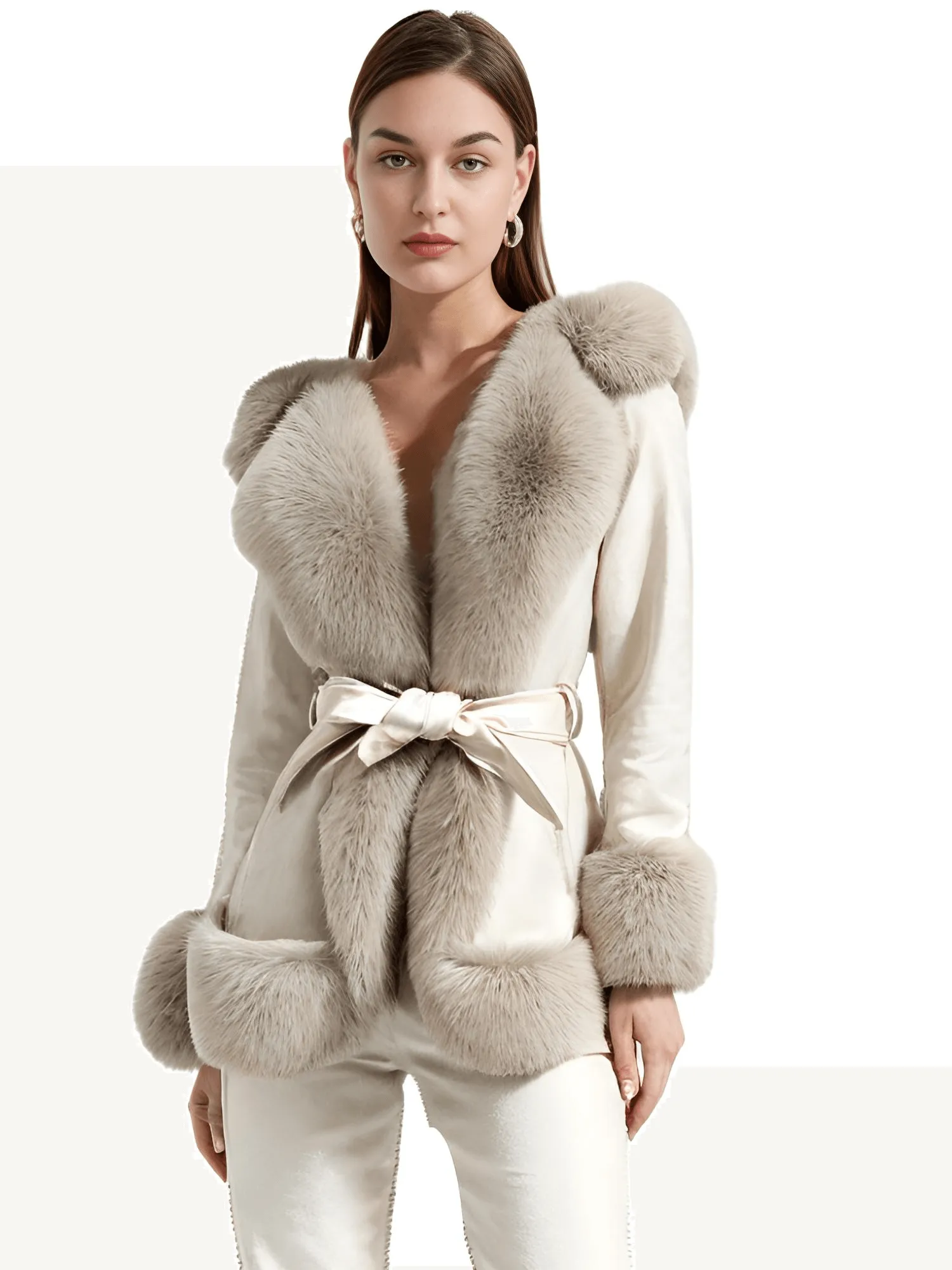 Hooded Fur Coats For Women With Belt and Fur Lining Inside