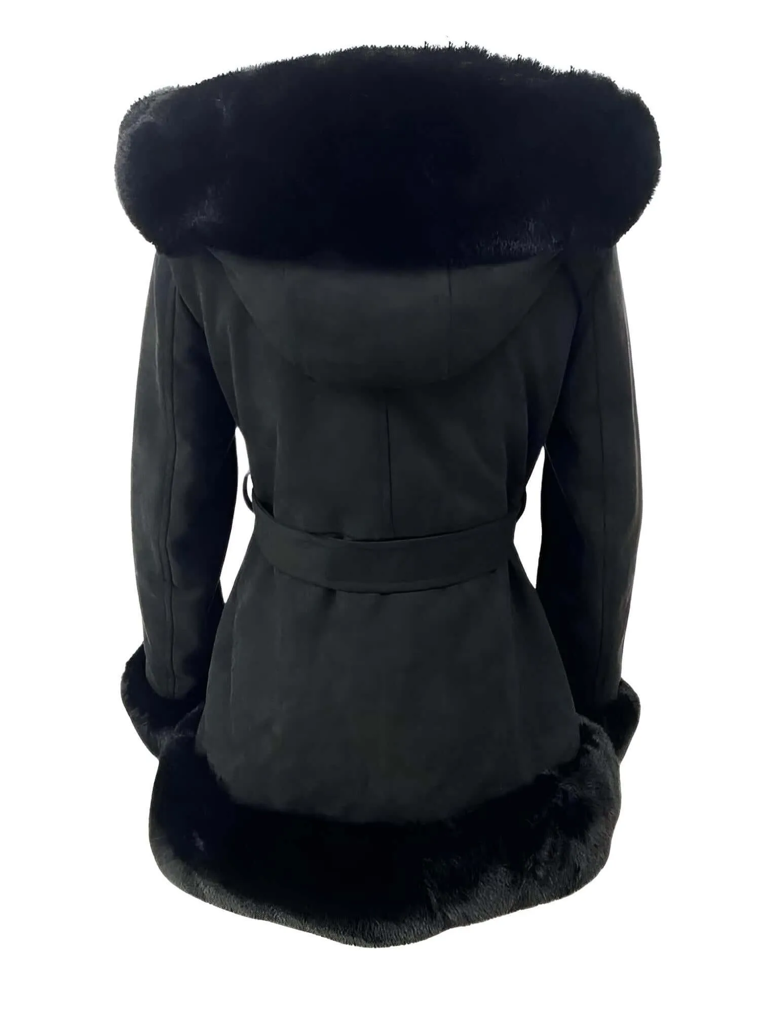 Hooded Fur Coats For Women With Belt and Fur Lining Inside