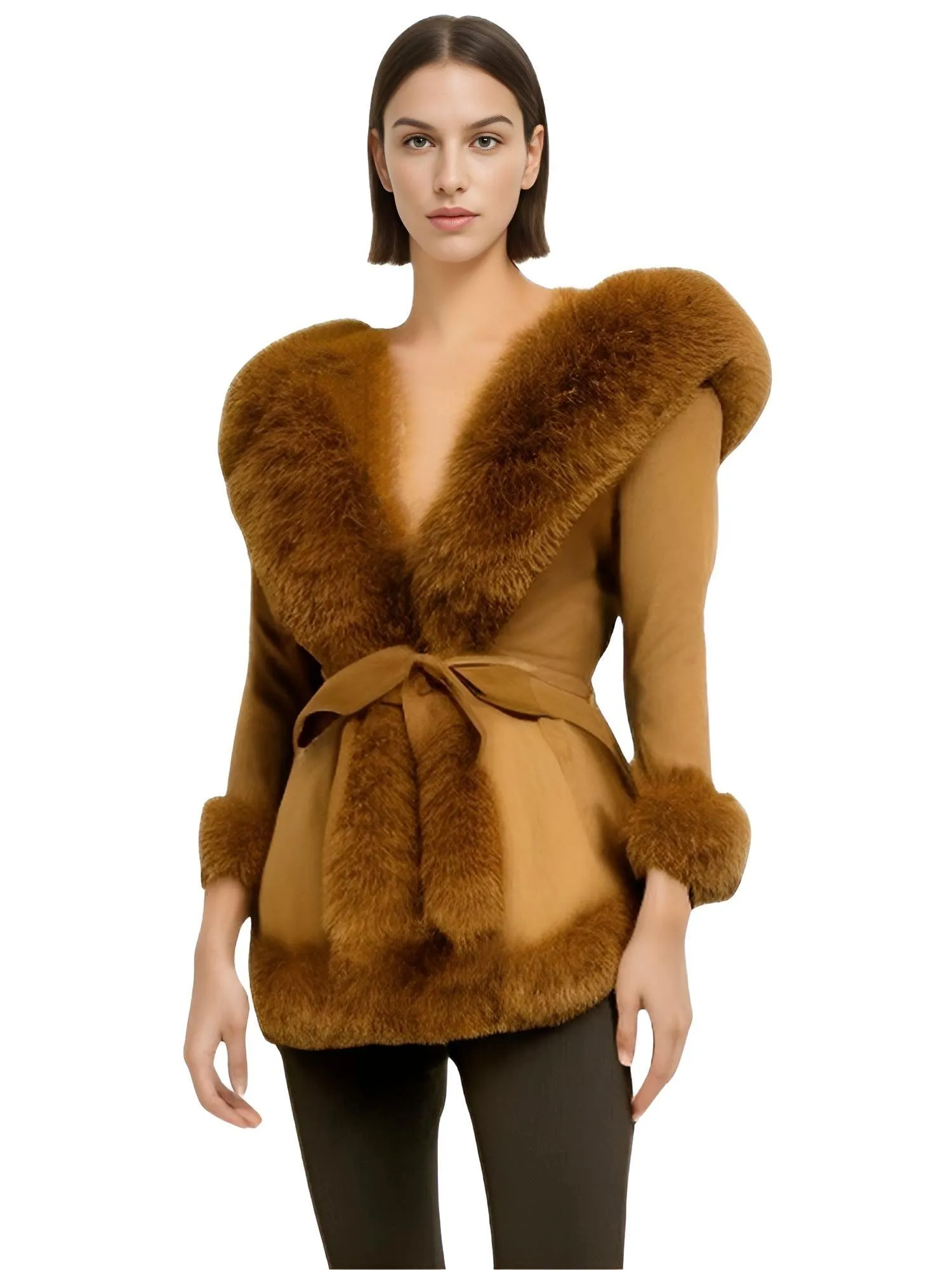 Hooded Fur Coats For Women With Belt and Fur Lining Inside