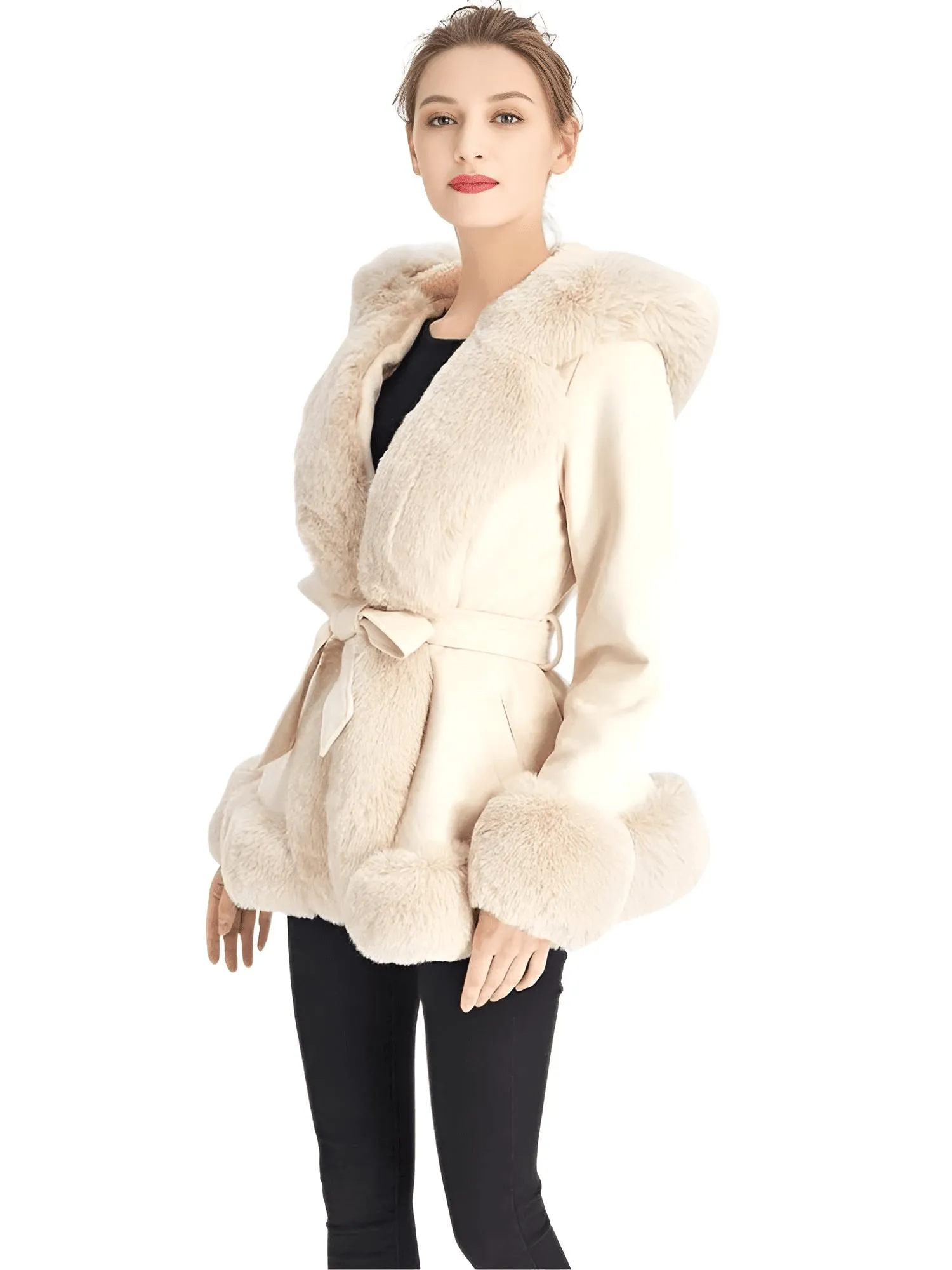 Hooded Fur Coats For Women With Belt and Fur Lining Inside