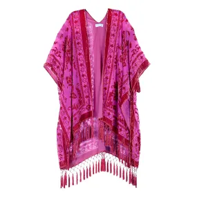 Hot Pink Boho Festival Black & Nude Burnout Velvet Kimono long Shawl with Tassel Beach Cover-up Luxury Shawl