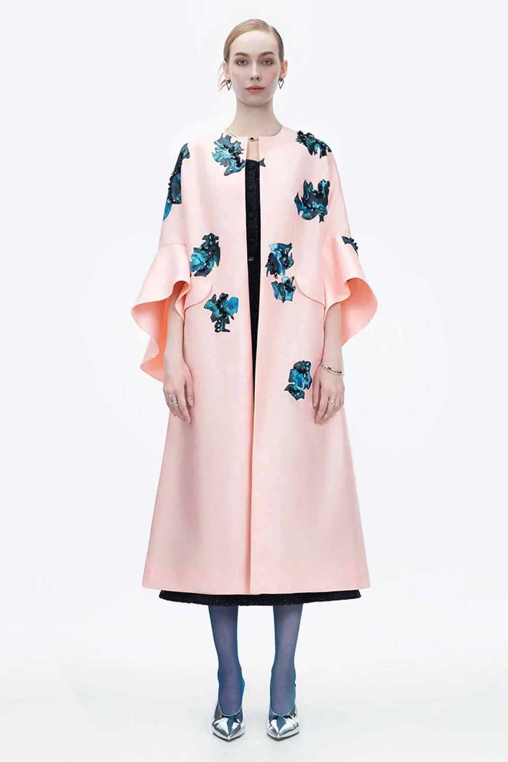 Inner Blossom Trapezoid Bell Sleeved Zibeline Calf Length Coat