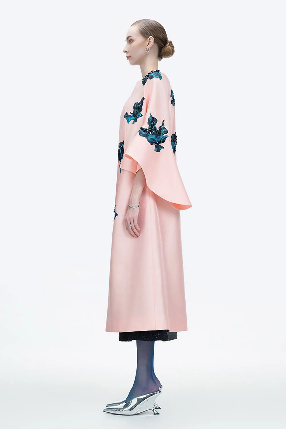 Inner Blossom Trapezoid Bell Sleeved Zibeline Calf Length Coat