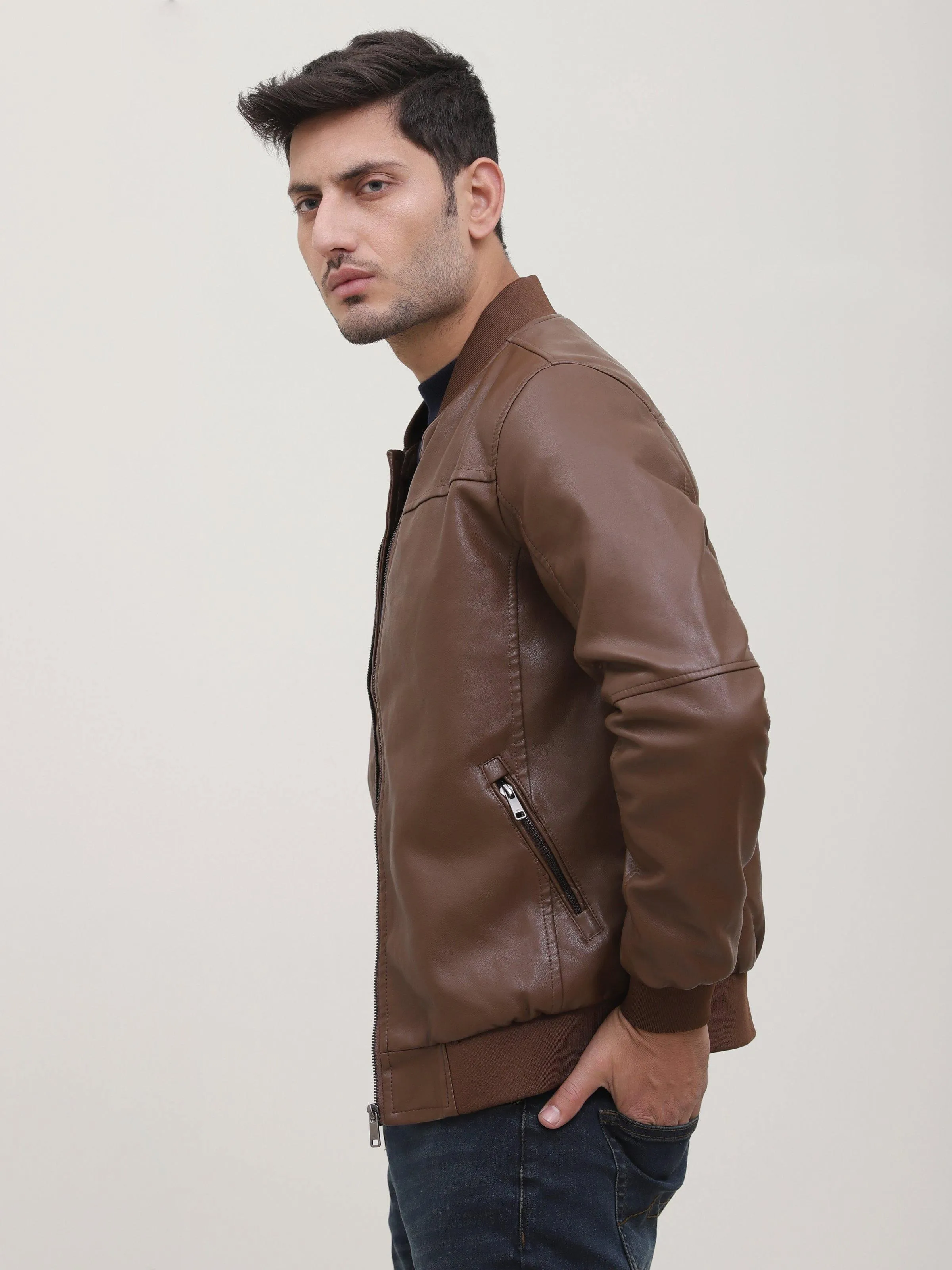 JACKET FULL SLEEVE PU LEATHER BROWN